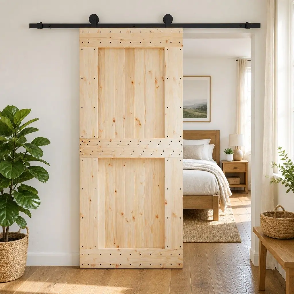 Sliding Door Natural Pine Wood Interior Room Divider 90 x 210 cm Brown