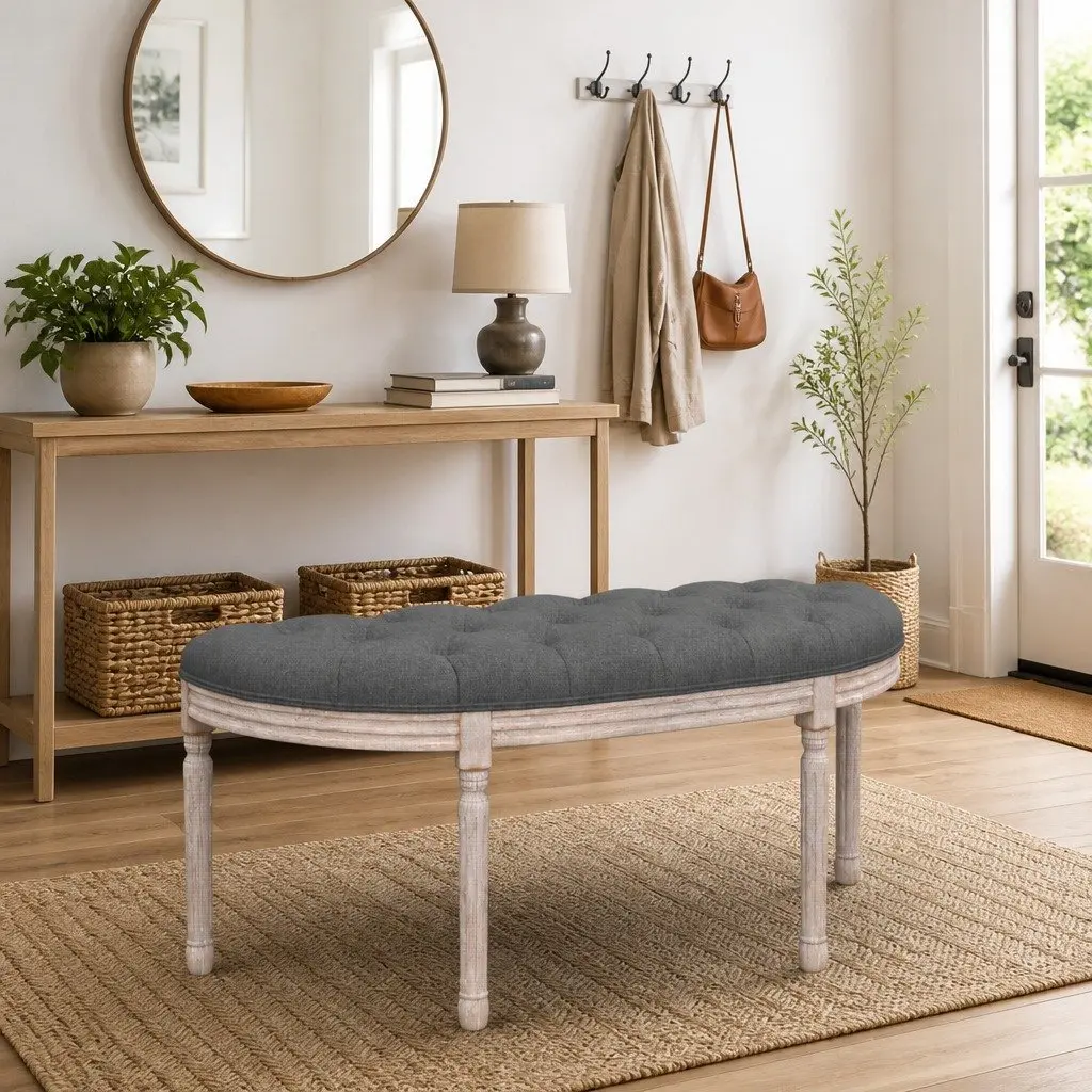 Bench Fabric Seat Grey Wooden Legs Foyer Entryway Living Room Furniture