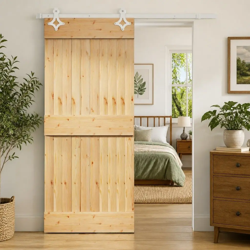 Sliding Door Natural White Solid Pine Wood 90 x 210 cm Modern Interior Room