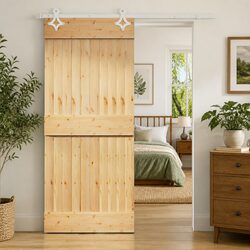Sliding Door 90 x 210 cm Natural White Solid Pine Wood Modern Interior Room