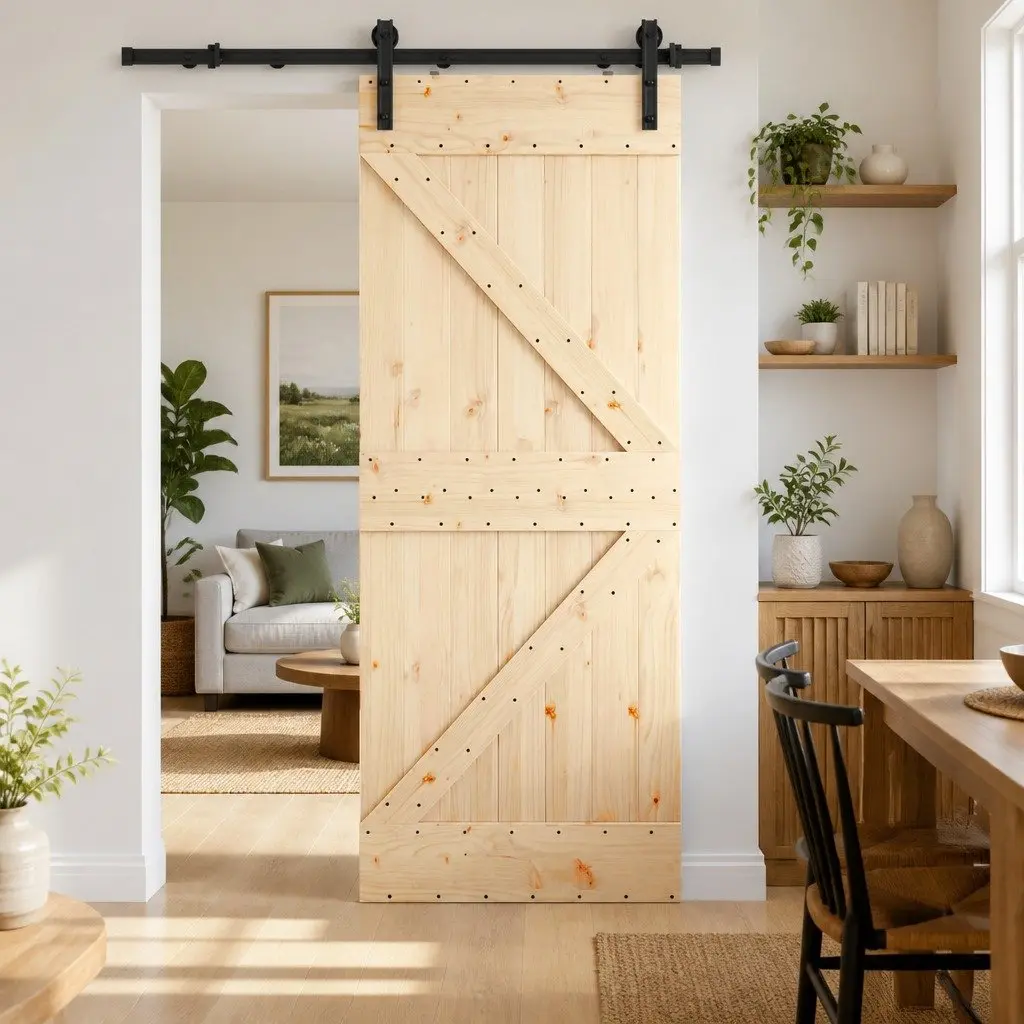 Sliding Door Natural Pine Wood Space Saving 85 cm Brown Black Steel Track