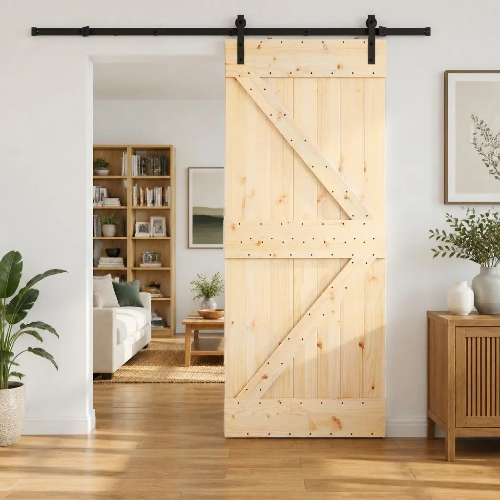 Sliding Door Natural Pine Wood Black Frame 85 x 210 cm