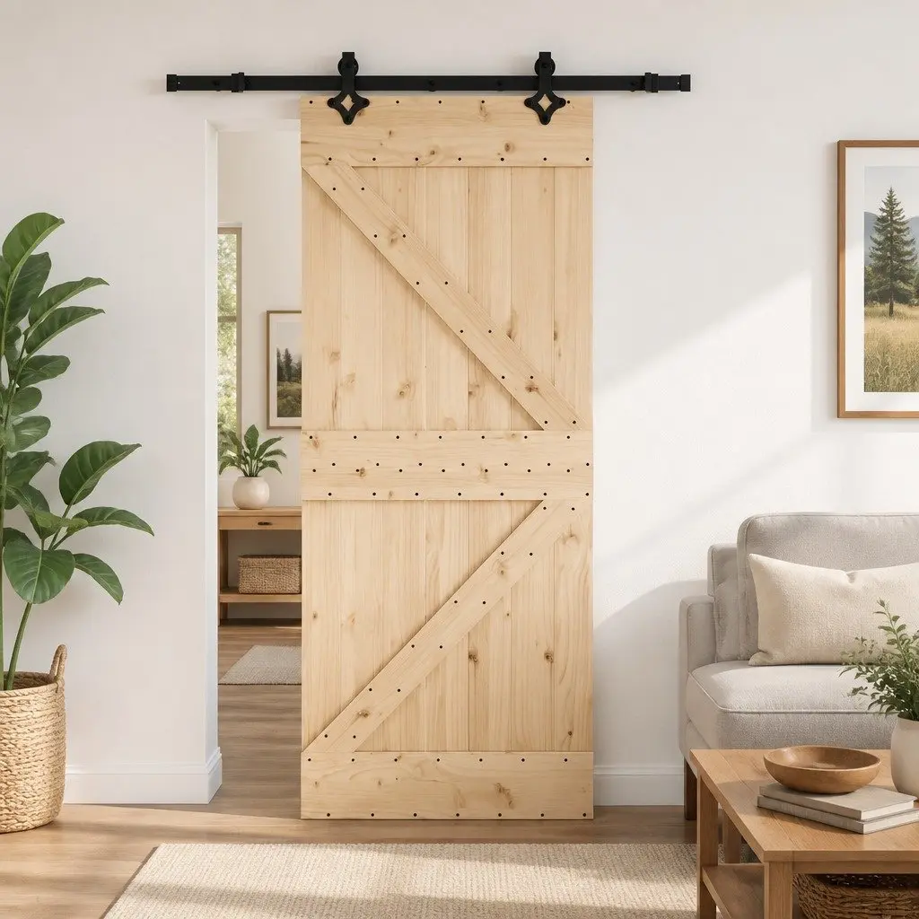 Sliding Door Natural Wood Pine Frame Steel Track Room Divider 85x210cm