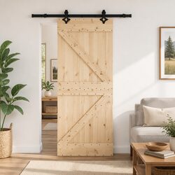Sliding Door Natural Wood Pine Frame Steel Track Modern Room Divider 85x210cm