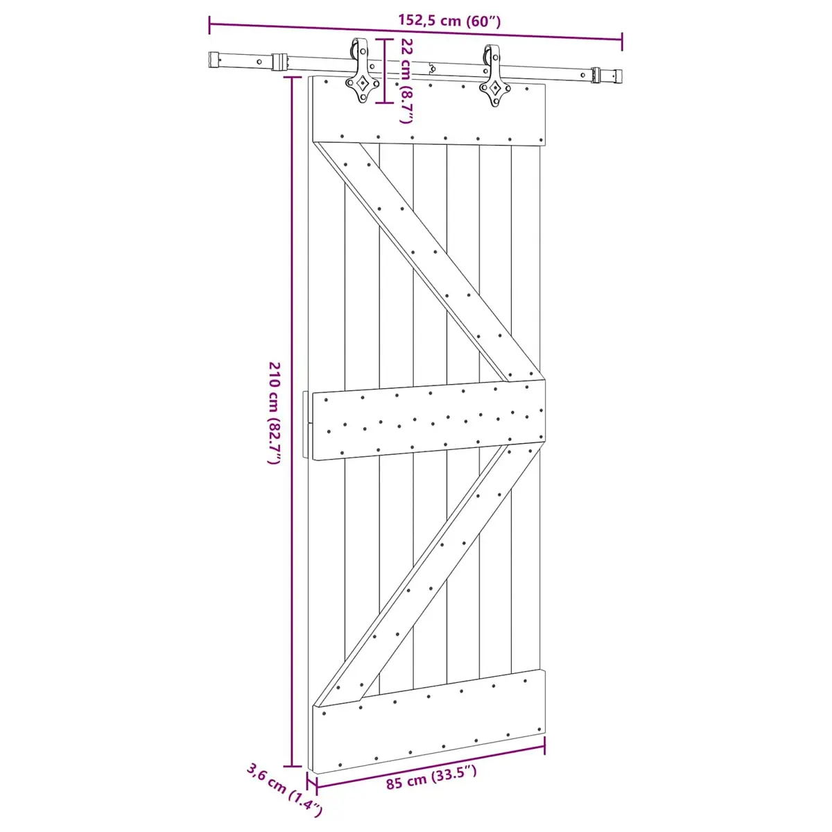 Sliding Door Natural Wood Pine Frame Steel Track Room Divider 85x210cm
