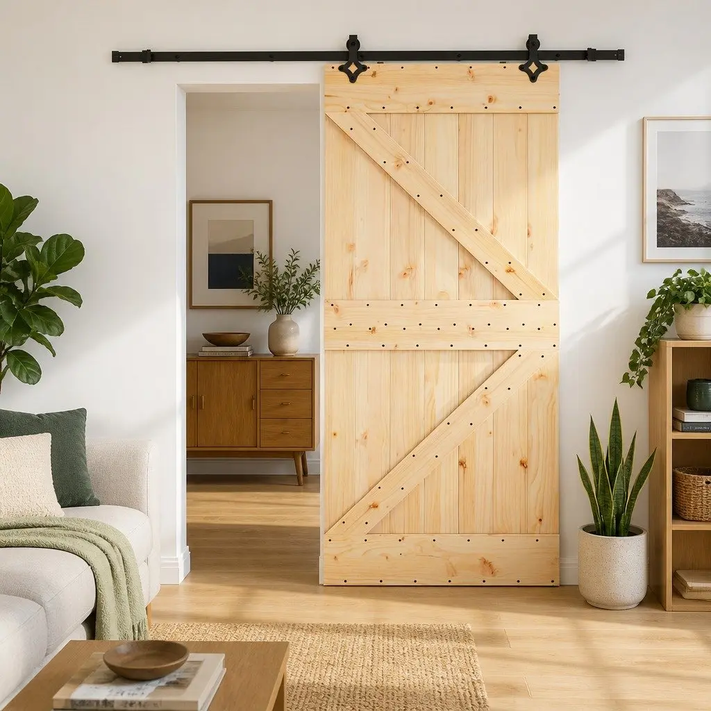 Sliding Door Natural Pine Wood 80x210cm Black Steel Track Modern Room Divider