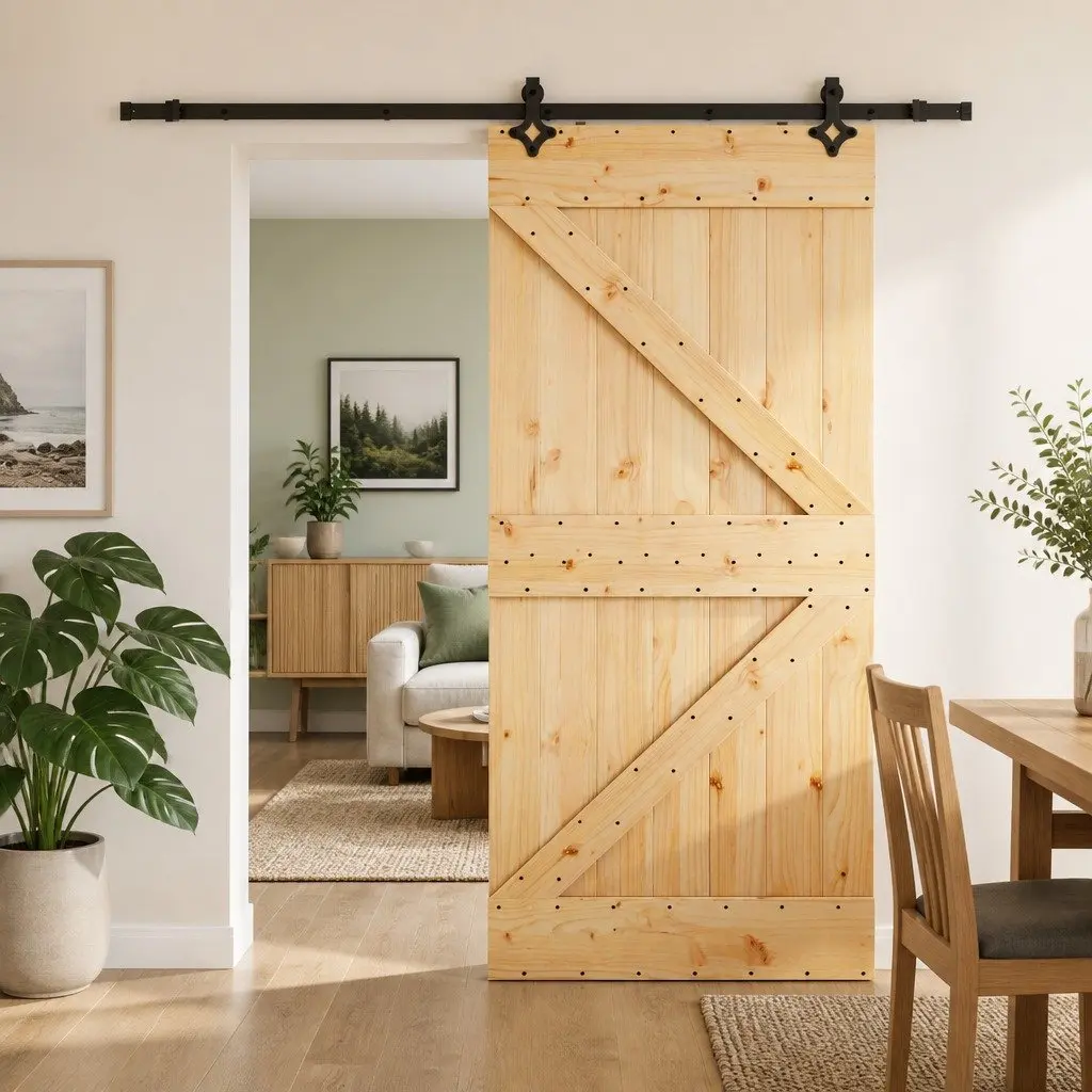 Sliding Door Modern Room Divider 90x210cm Solid Pine Wood Black Track
