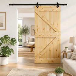 Practical Sliding Door in Natural Pine Wood with Black Track 100x210cm