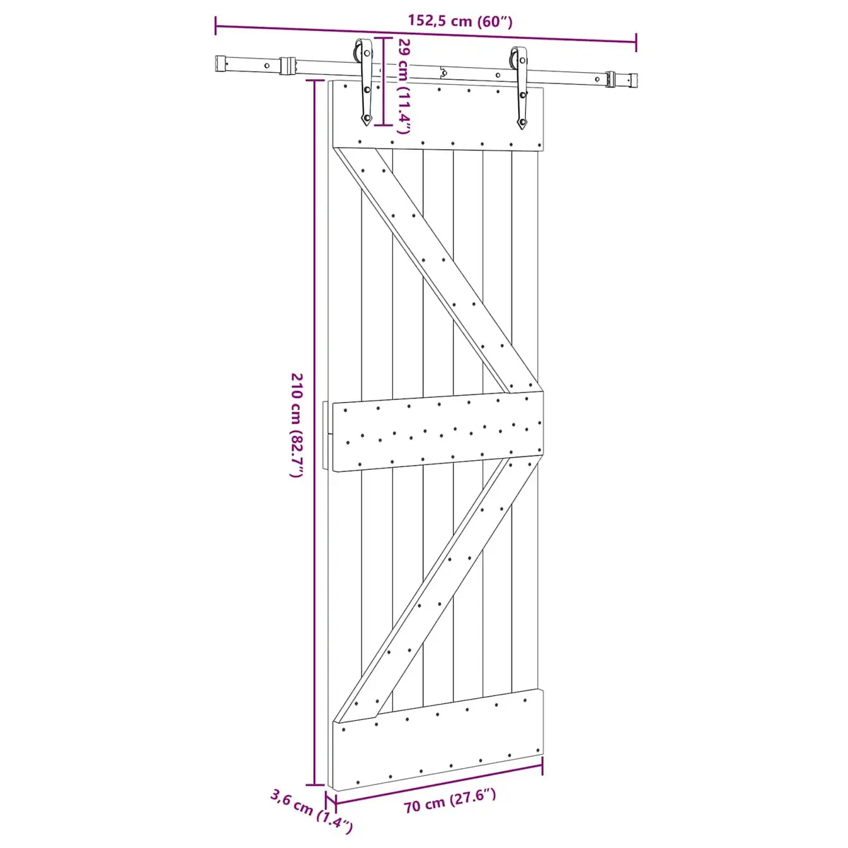Sliding Door Natural Pine Wood Black Track 70x210cm Modern Room Divider