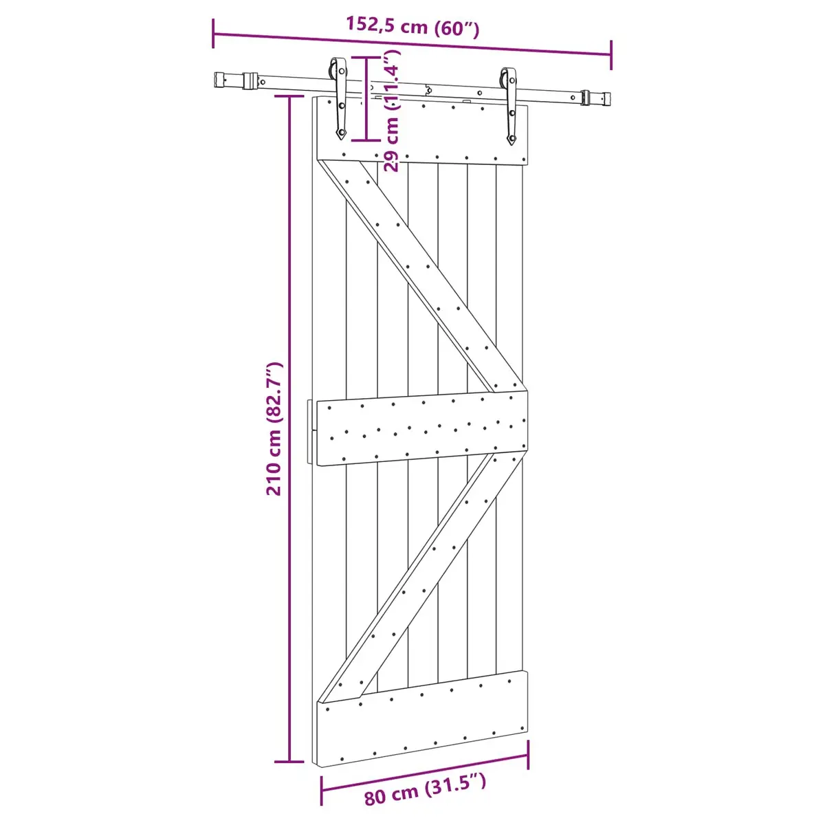 Sliding Door Space Saving Room Divider 80 cm x 210 cm Brown Pine Wood Frame Black Track