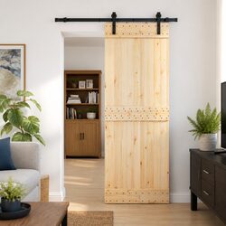 Sliding Door Pine Wood Frame Steel Track Natural Black 80x210cm Space-Saving