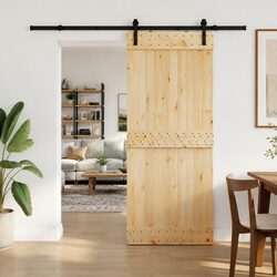 Sliding Door Pine Wood Natural Black Frame Space-Saving Modern Interior 85x210cm