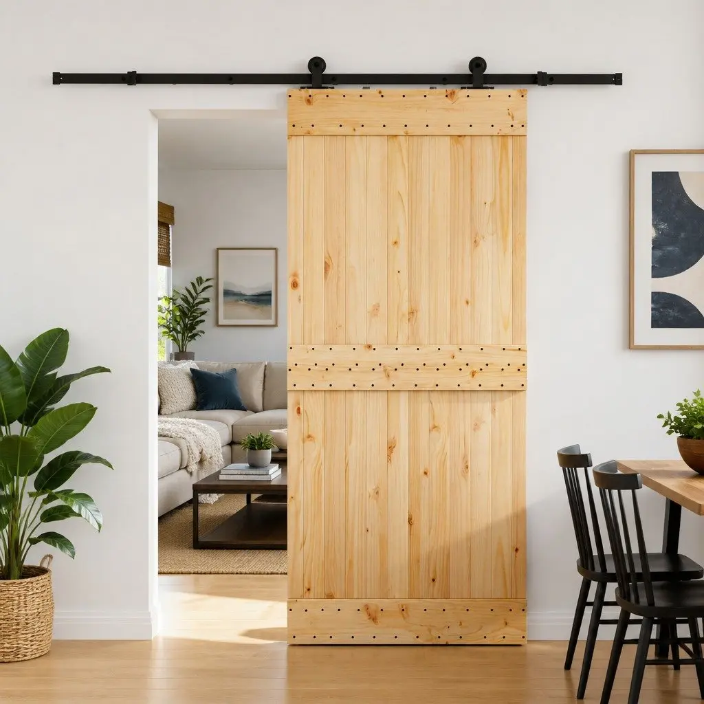 Sliding Door Room Divider 90x210cm Natural Wood Black Steel Track