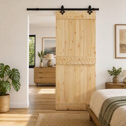 Sliding Door with Top Track Natural Pine Wood and Black Steel Frame 85x210cm