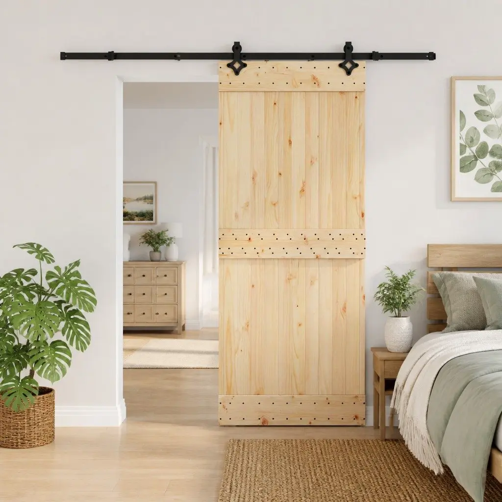 Sliding Door Room Divider 85x210cm Natural Pine Wood Black Track