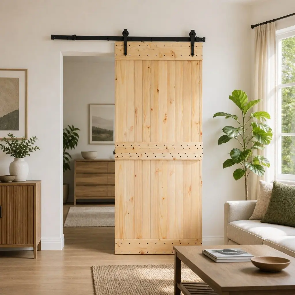 Sliding Door Natural Pine Wood Modern Room Divider 85 x 210 cm Brown with Black Track