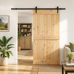 Sliding Door Modern Room Divider Space-Saving Pine Wood Black Track 100x210cm