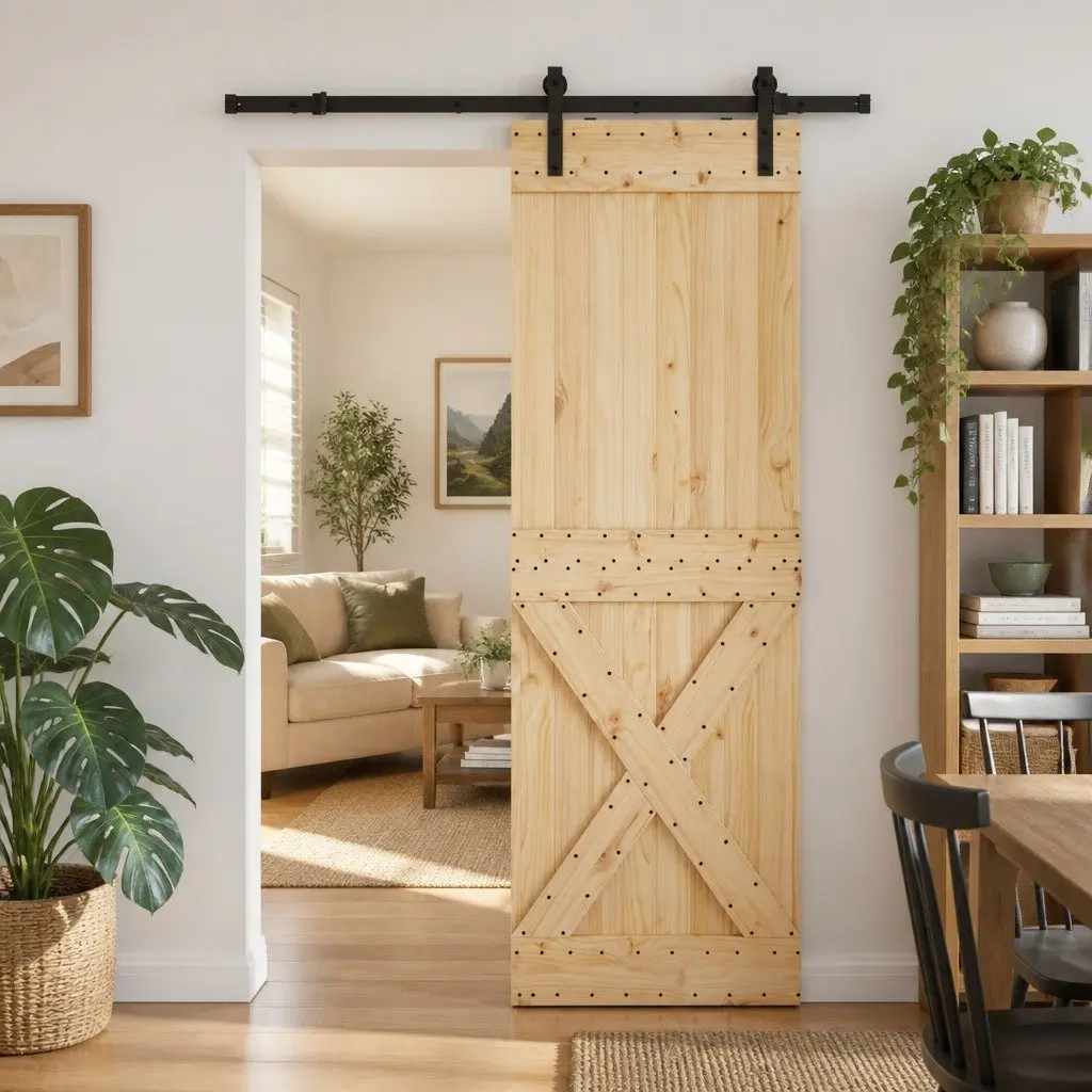 Sliding Door Room Divider Pine Wood Frame 70cm x 210cm Brown with Black Track
