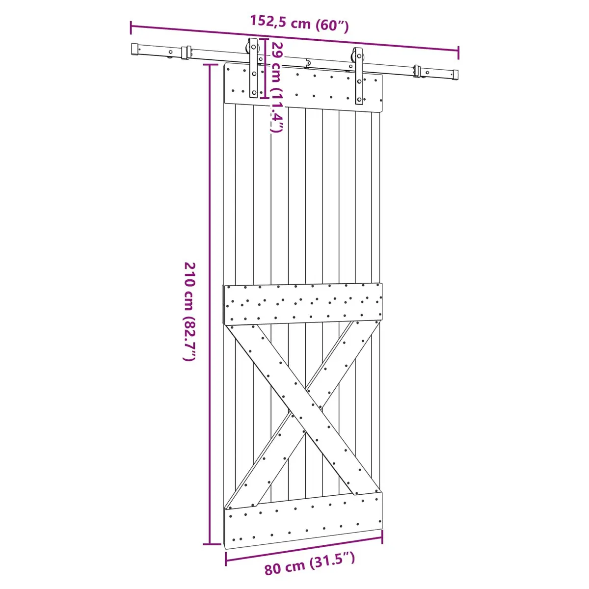 Space Saving Sliding Door 80cm x 210cm Natural Pine Wood with Black Steel Track