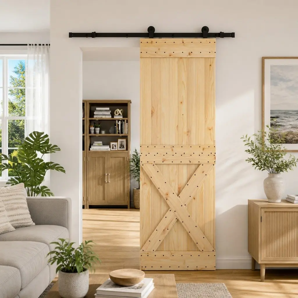 Sliding Door Natural Brown Black Frame 70x210cm Modern Room Divider