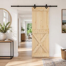 Sliding Door 80x210cm Natural Pine Wood Black Steel Track Modern Room Divider