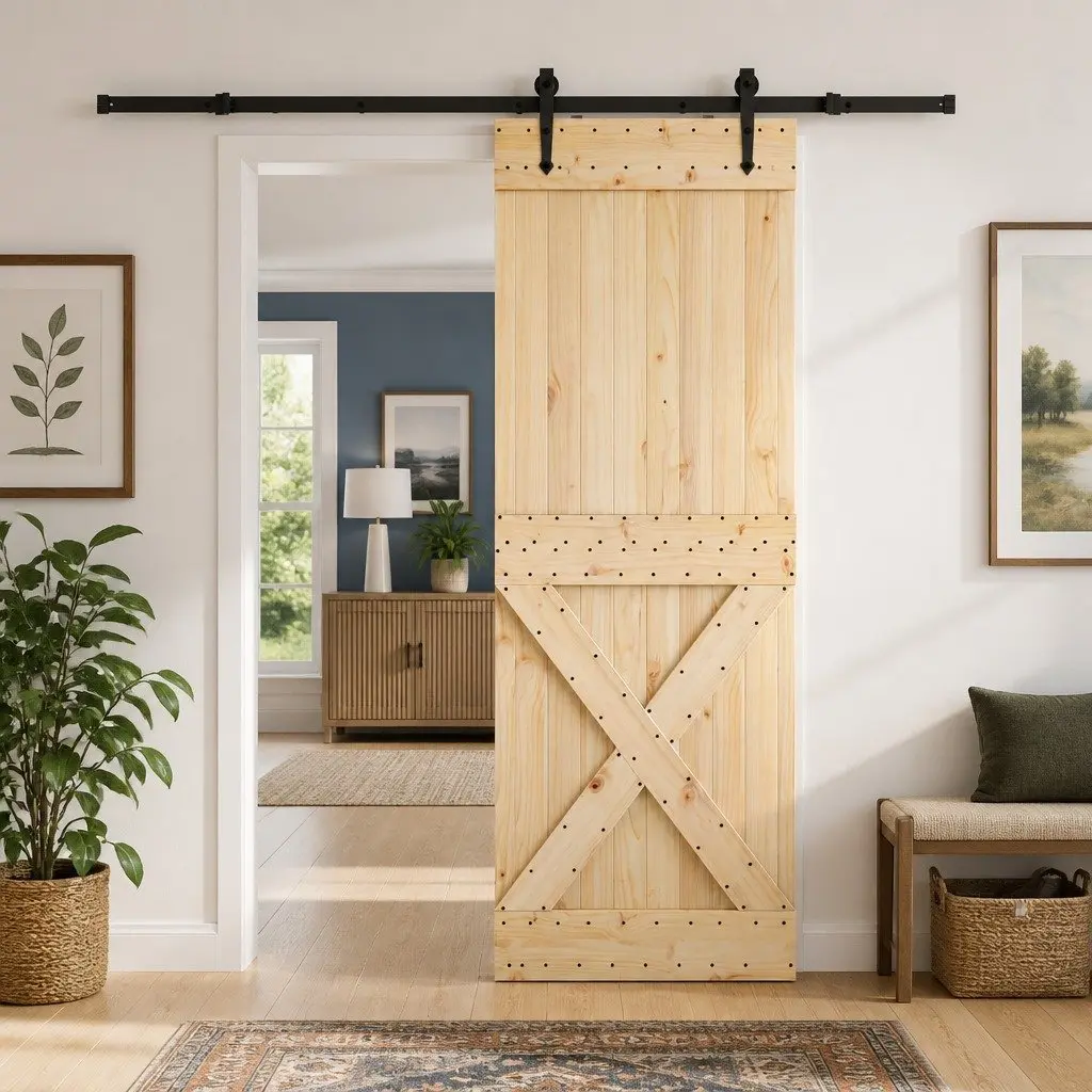 Sliding Door Modern Design Natural Pine Wood Black Track 80x210cm Space-Saving