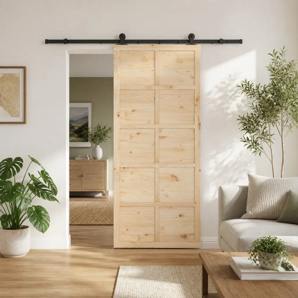 Pine Wood Sliding Door Natural Brown 100x208cm Space Saving Interior Divider