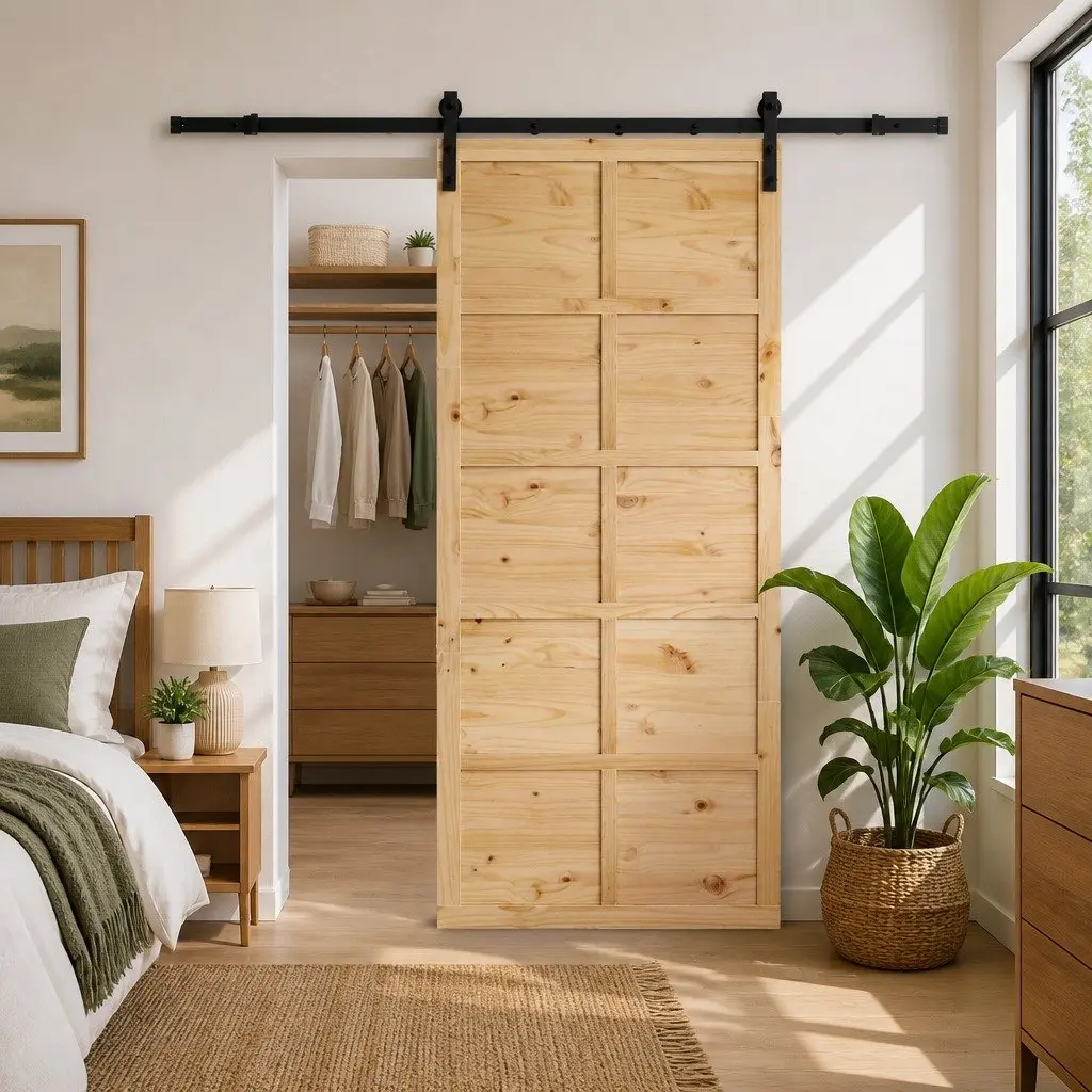 Sliding Door Natural Solid Pine Wood 90 x 208 cm Brown Space Saving Interior