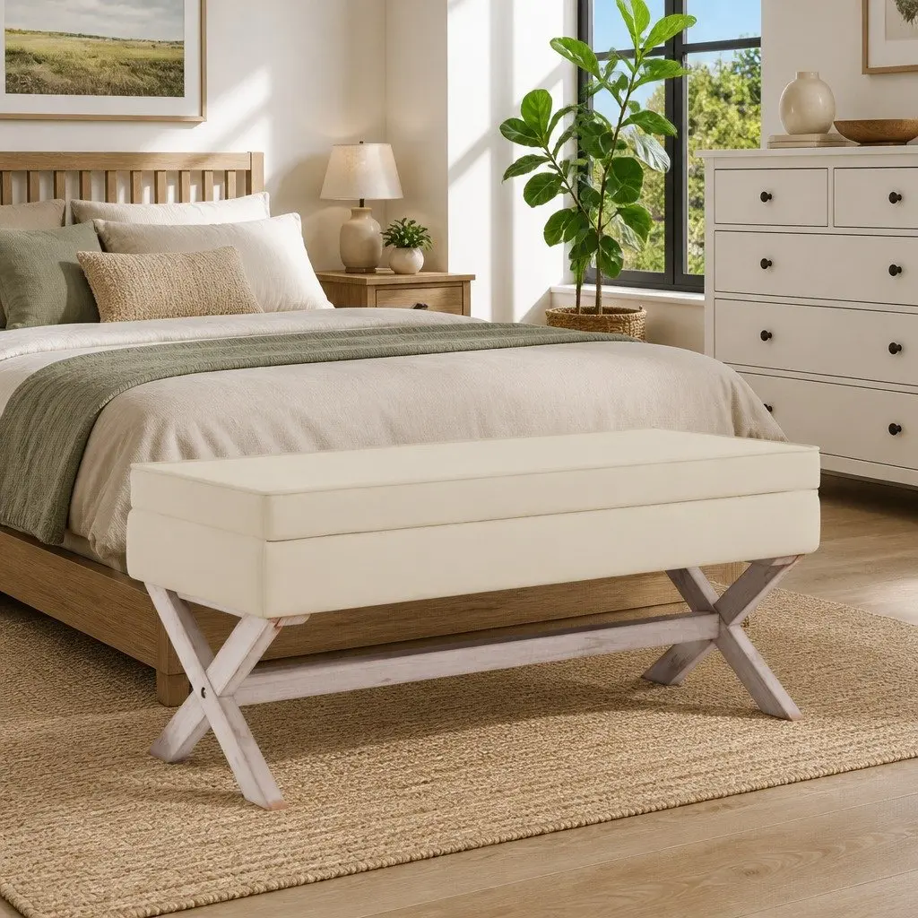 Storage Stool Bench in Natural Linen Fabric