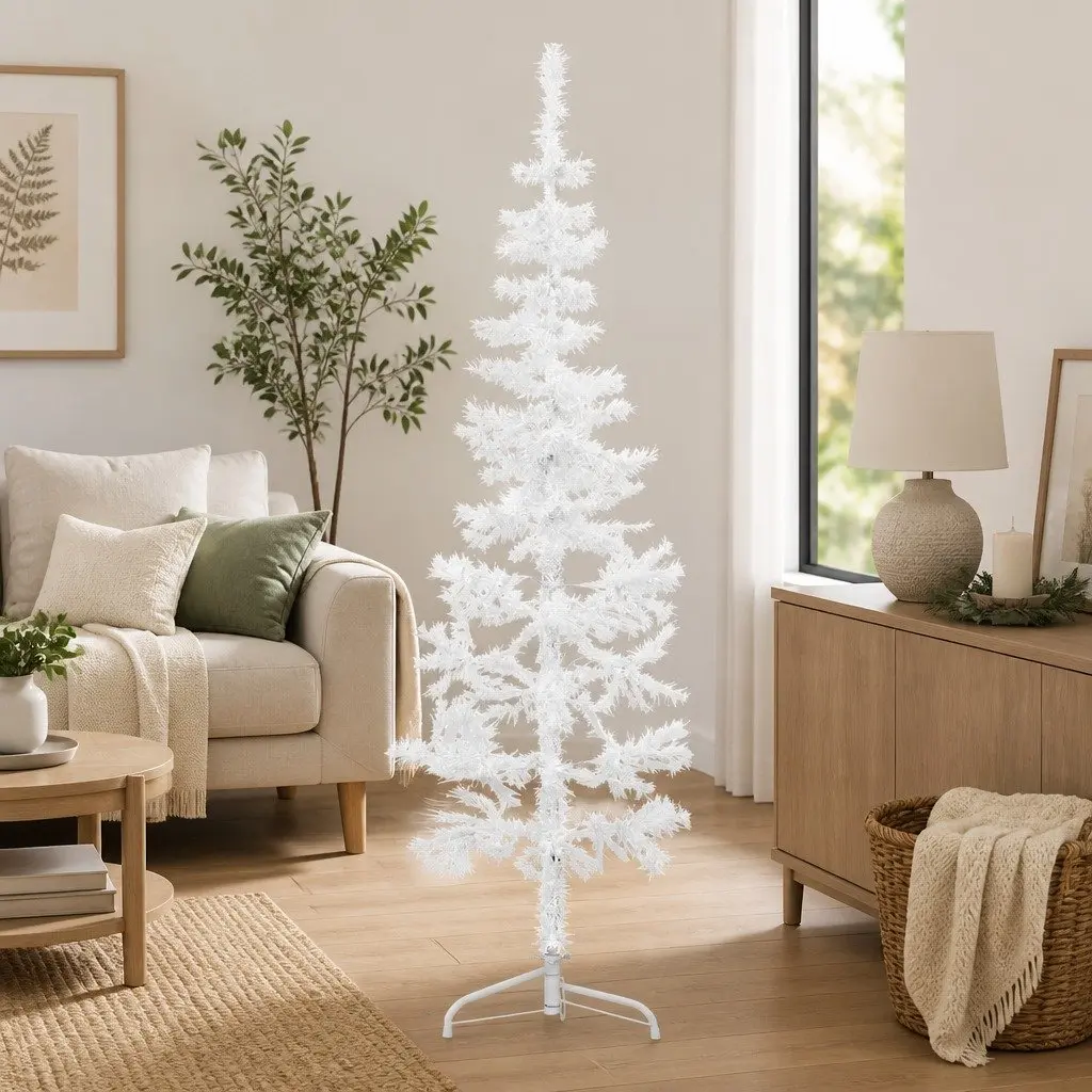 Half Christmas Tree 150cm White Slim Artificial Holiday Home Decoration