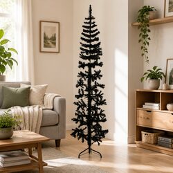 Artificial Half Christmas Tree Slim Black 180cm Seasonal Holiday Home Decor