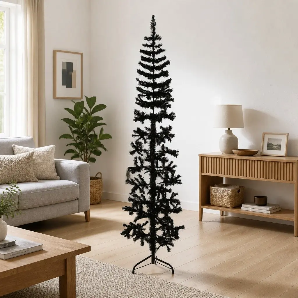 Black Slim Half Christmas Tree with Stand 210cm for Holiday Home Decoration