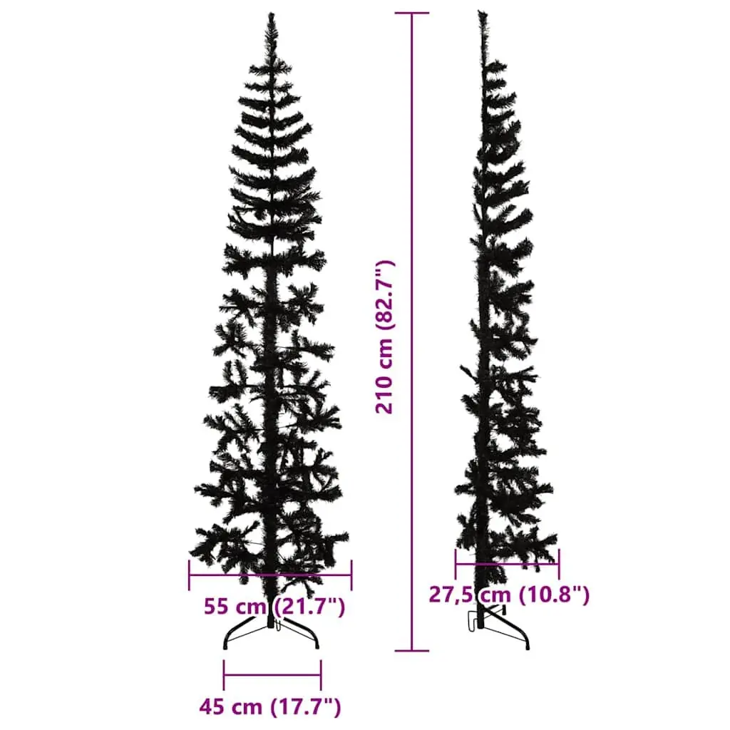Black Slim Half Christmas Tree with Stand 210cm for Holiday Home Decoration