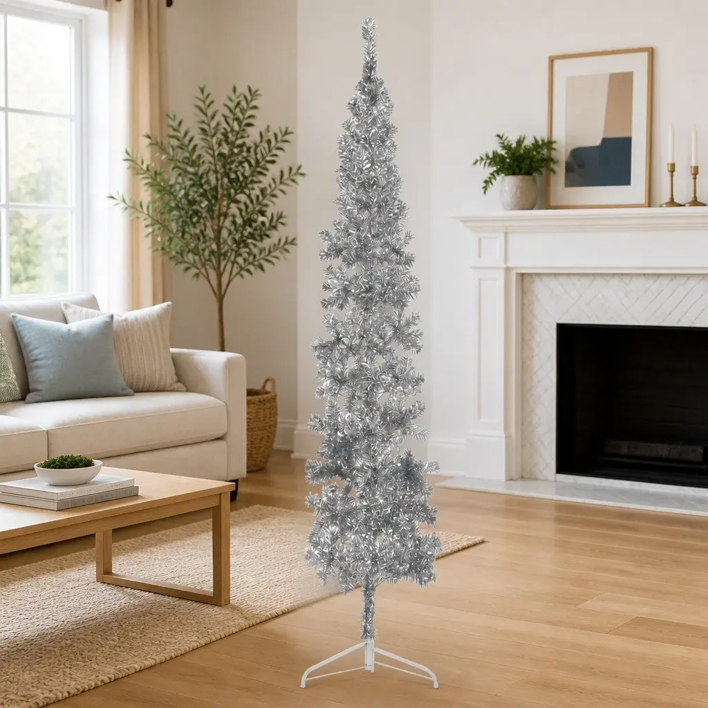 Artificial Half Christmas Tree Slim 240cm Silver Wall Mount Holiday Decor