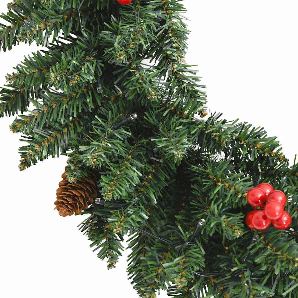 Artificial Christmas Tree Set 2 Pieces Green Holiday Decoration with Wreath Garland LED Lights