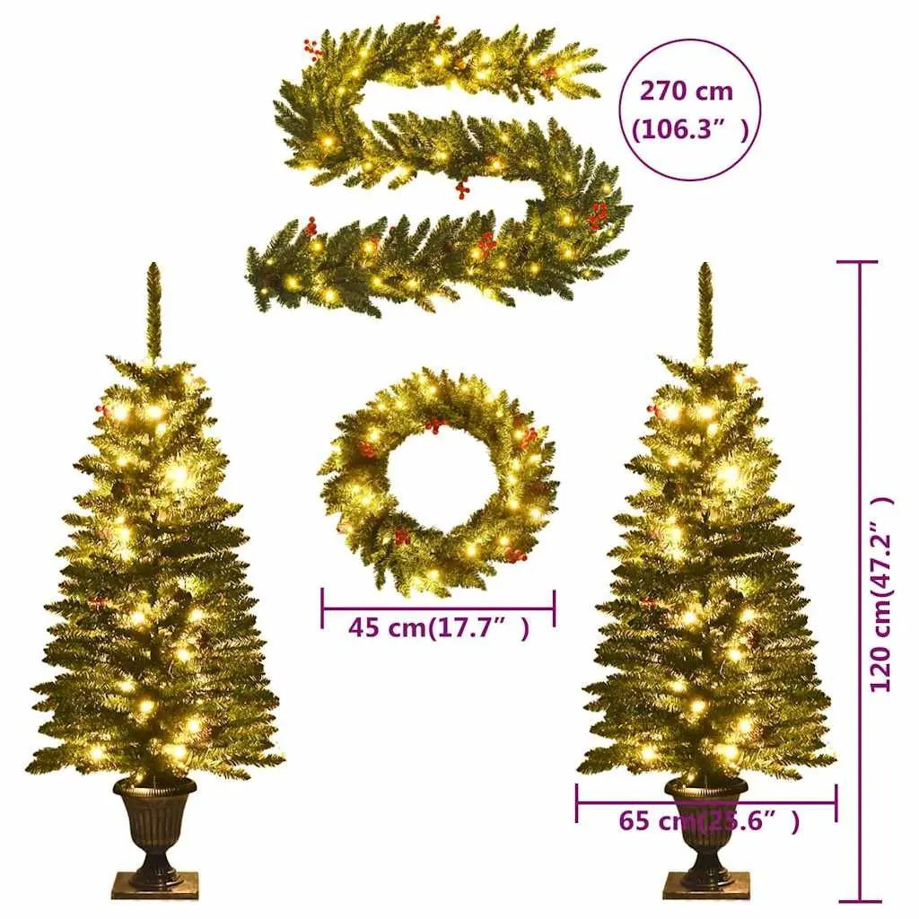 Artificial Christmas Tree Set 2 Pieces Green Holiday Decoration with Wreath Garland LED Lights