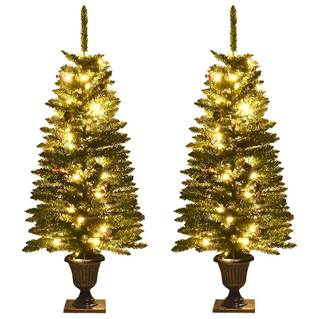 Artificial Christmas Tree Set 2 Pieces Green Holiday Decoration with Wreath Garland LED Lights
