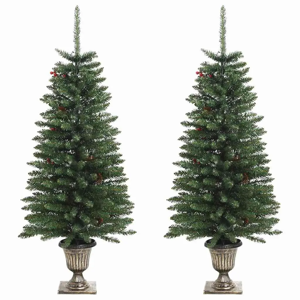 Artificial Christmas Tree Set 2 Pieces Green Holiday Decoration with Wreath Garland LED Lights