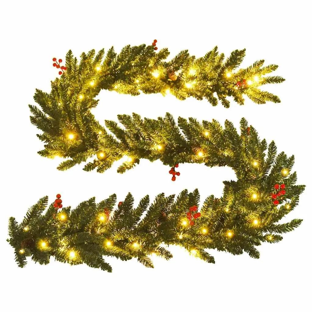 Artificial Christmas Tree Set 2 Pieces Green Holiday Decoration with Wreath Garland LED Lights