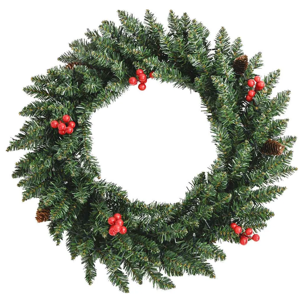 Artificial Christmas Tree Set 2 Pieces Green Holiday Decoration with Wreath Garland LED Lights