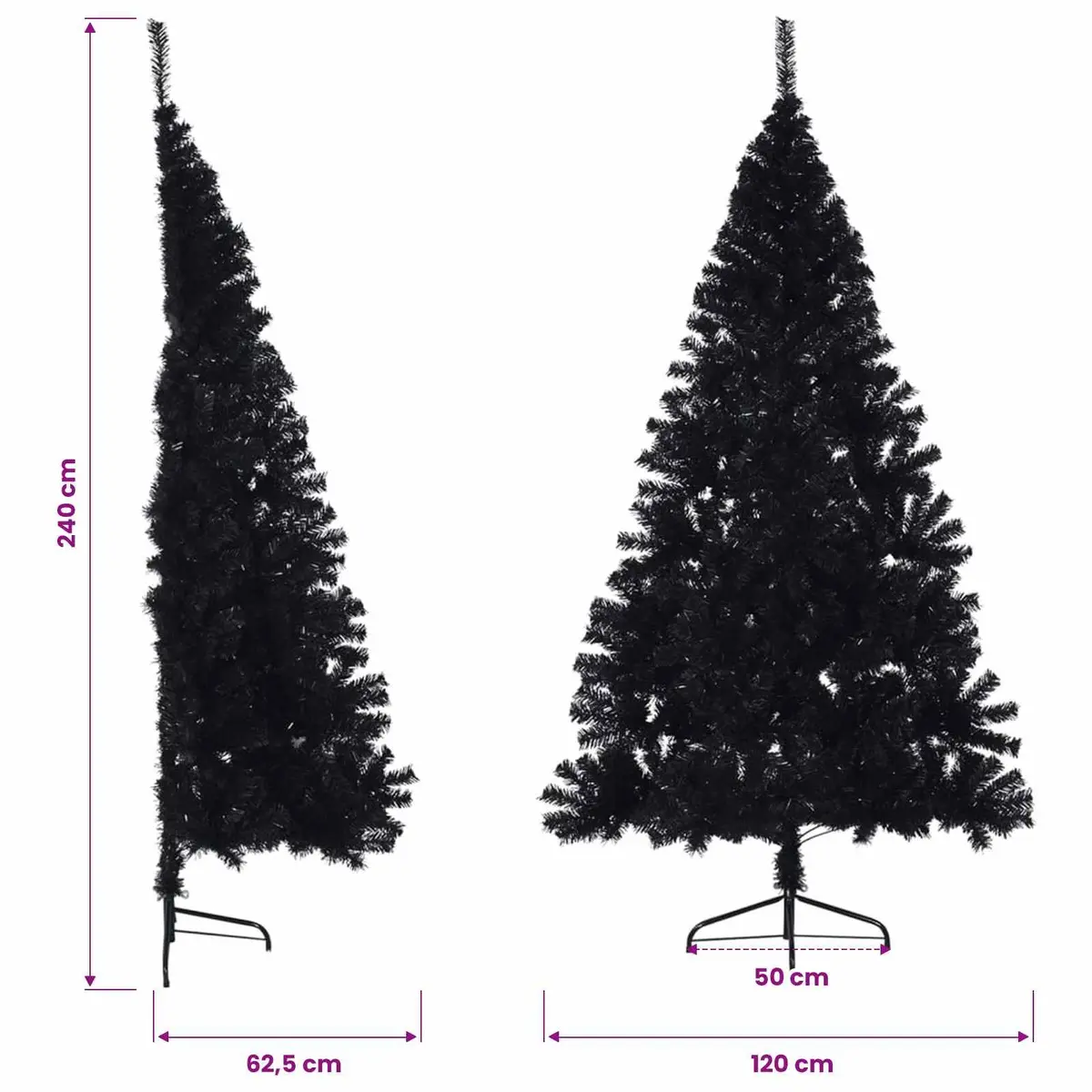 Black Half-Round Christmas Tree 240cm Artificial Decoration for Wall Space Saving