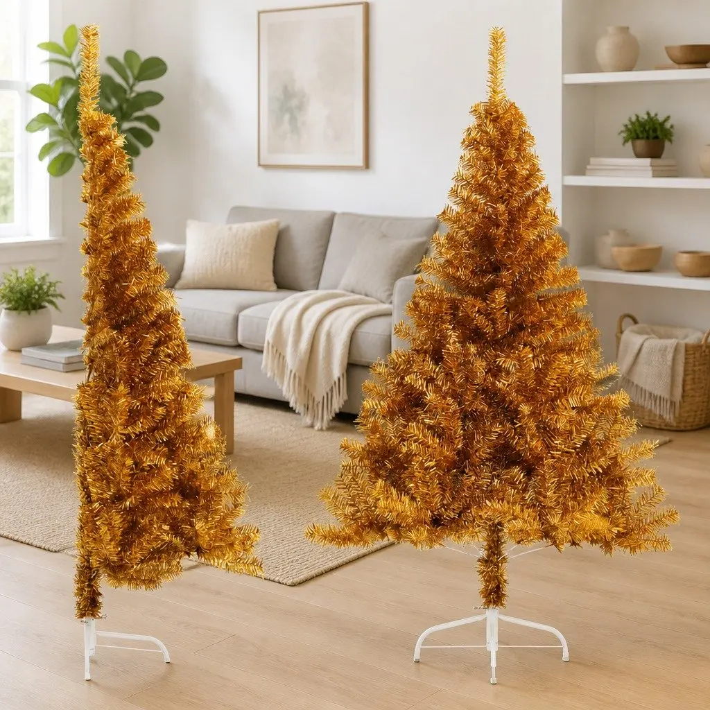 Half Christmas Tree 150cm Gold Artificial Xmas Decoration With Stand