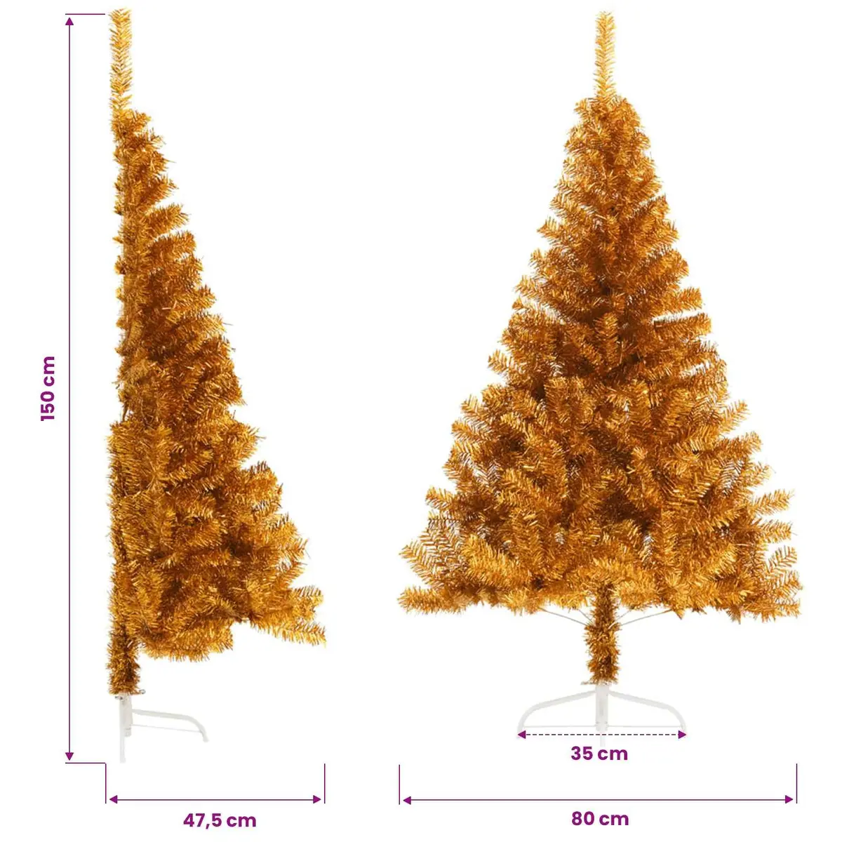 Half Christmas Tree 150cm Gold Artificial Xmas Decoration With Stand