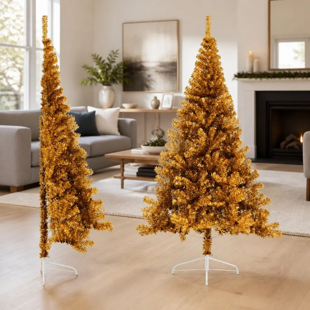Half Christmas Tree 210cm Gold Artificial Holiday Decoration Wall Mount