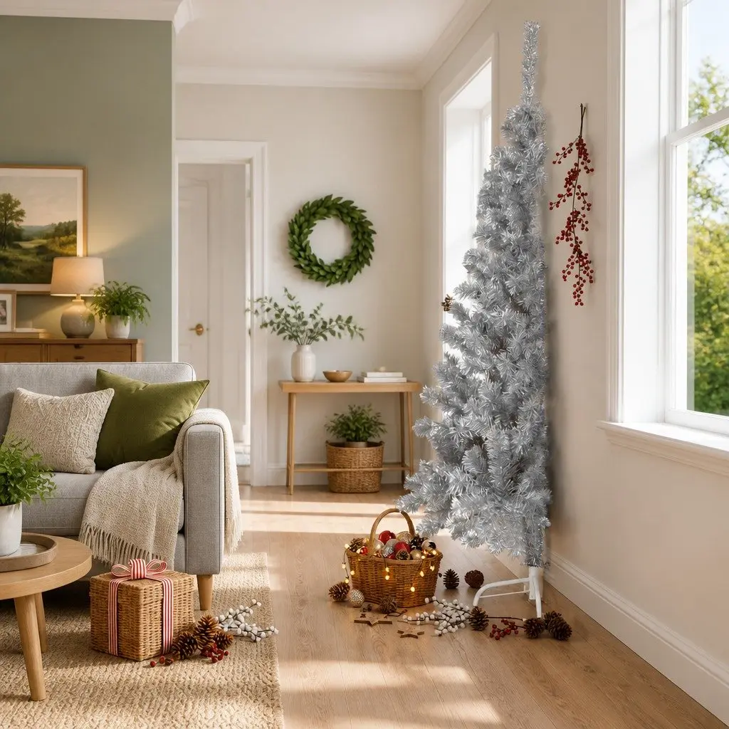 Half Christmas Tree 240cm Silver Artificial Holiday Decoration