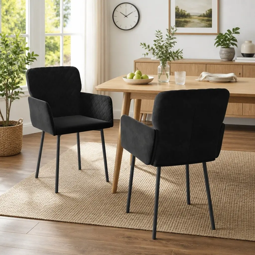 Dining Chairs Padded Comfort Black Velvet 2 Piece