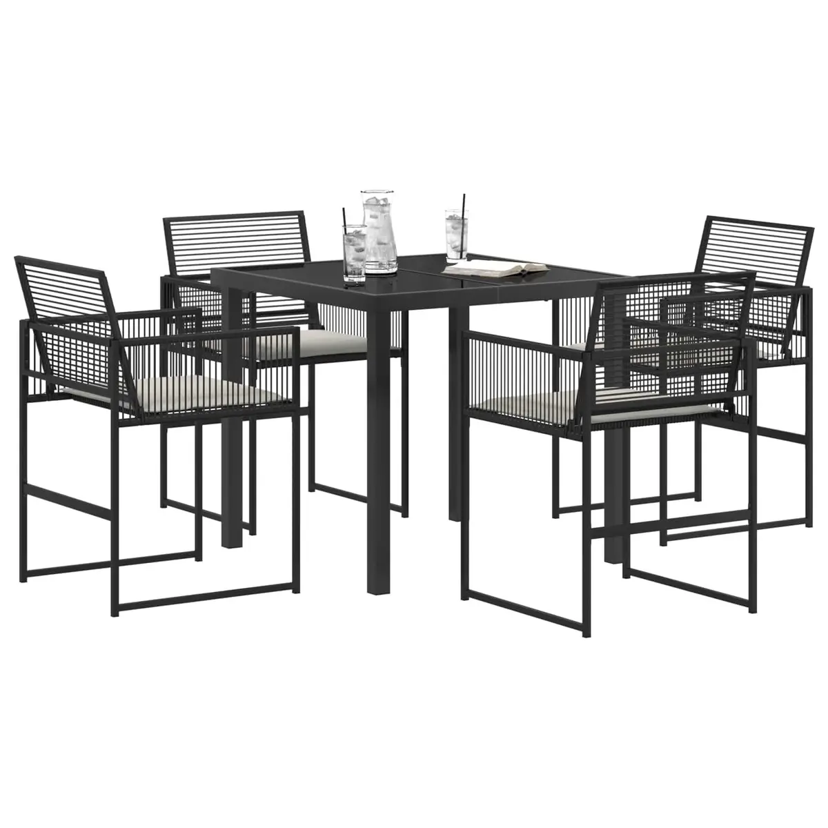 Outdoor Dining Set 5 Piece Black Poly Rattan Garden Furniture Glass Table