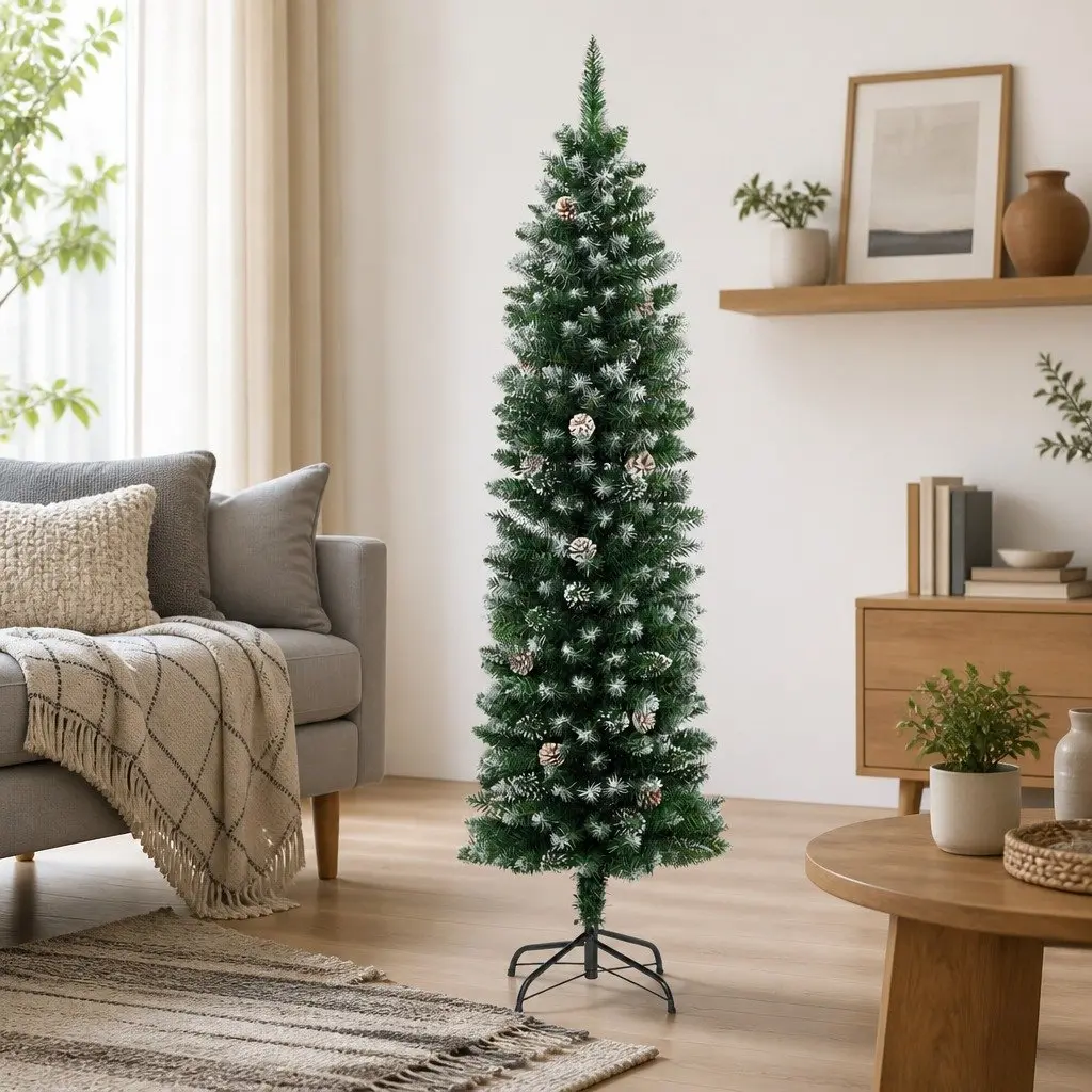Artificial Christmas Tree Slim 240cm Green PVC Tips Snow Flocked