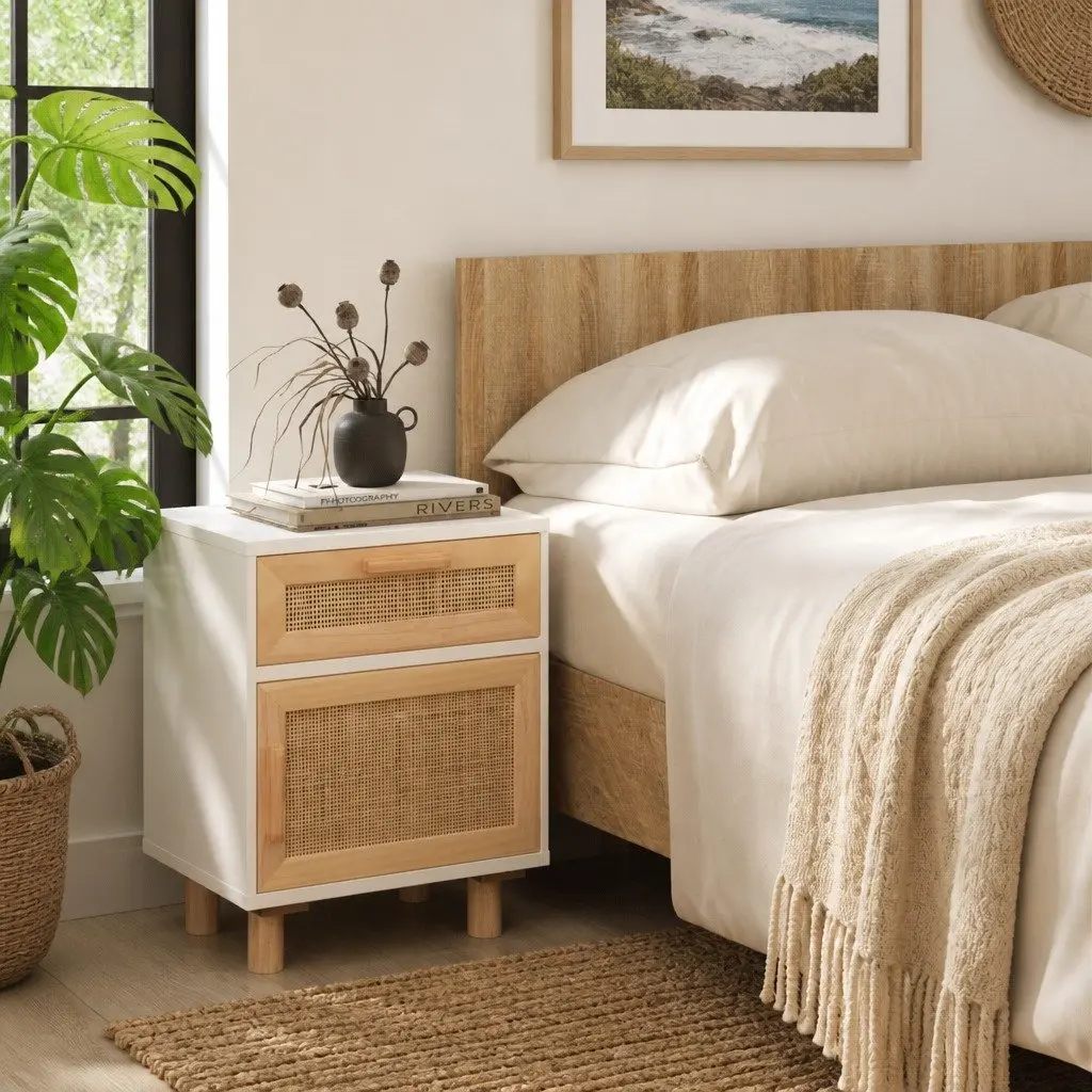 Bedside Cabinet White Engineered Wood Rattan Weaving Storage Compartment