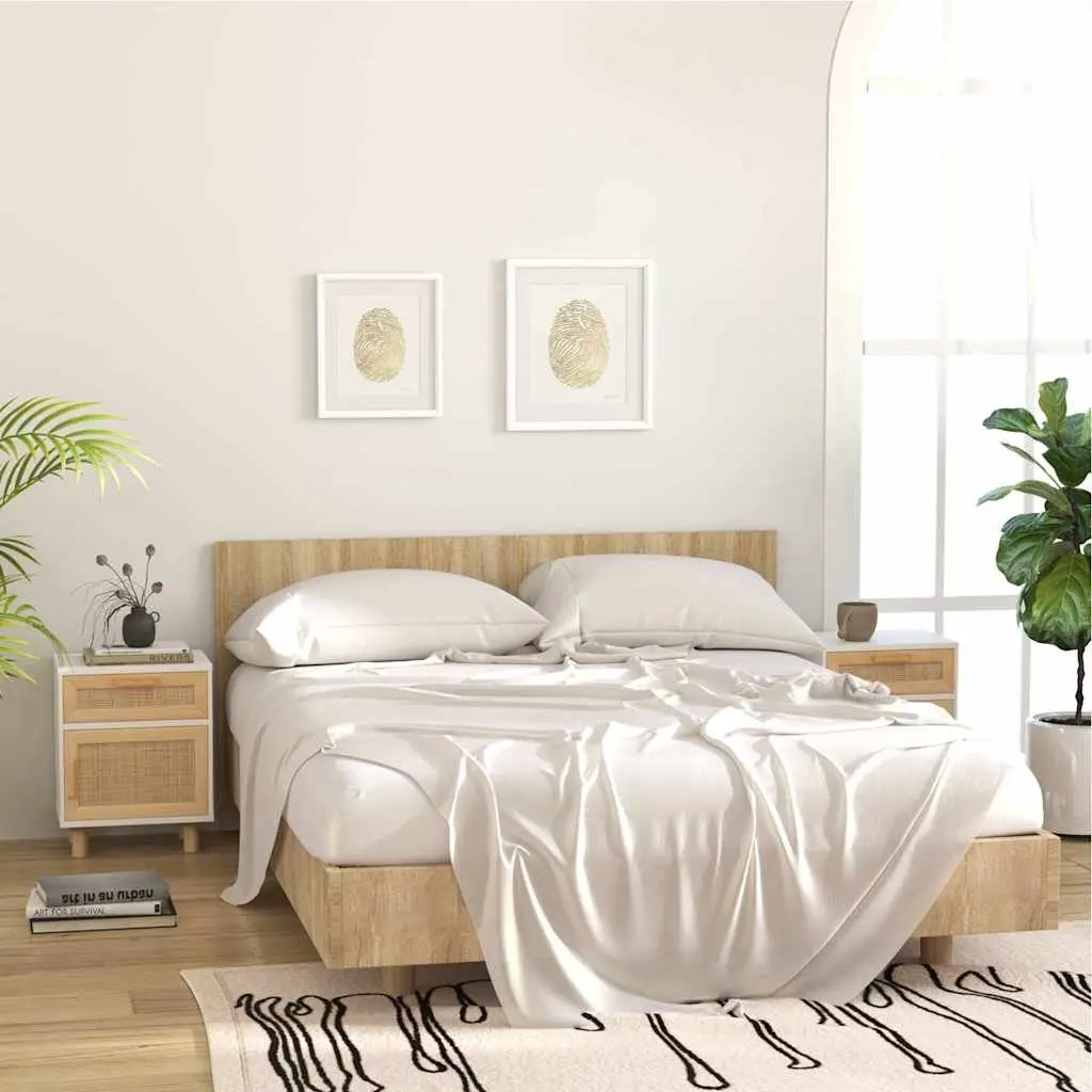 Bedside Cabinet White Engineered Wood Rattan Weaving Storage Compartment